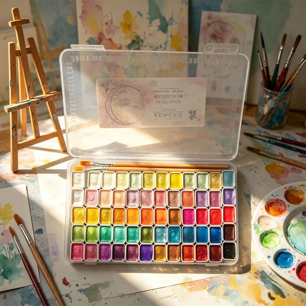 Suitable For Professional Artistic Use. 60-Color Solid Pearlescent Watercolor Set. Fine Texture, Even Coloring. Portable, Durable, Stylish. Ideal Gift For Doodling, Painting, And Daily DIY Projects.