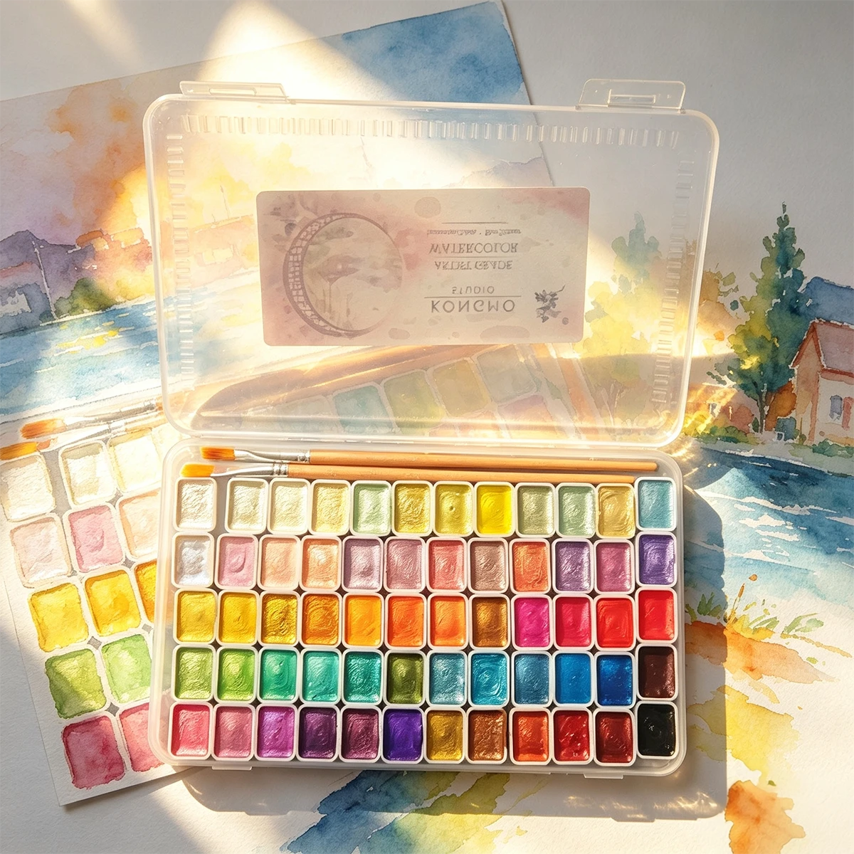 Suitable For Professional Artistic Use. 60-Color Solid Pearlescent Watercolor Set. Fine Texture, Even Coloring. Portable, Durable, Stylish. Ideal Gift For Doodling, Painting, And Daily DIY Projects.