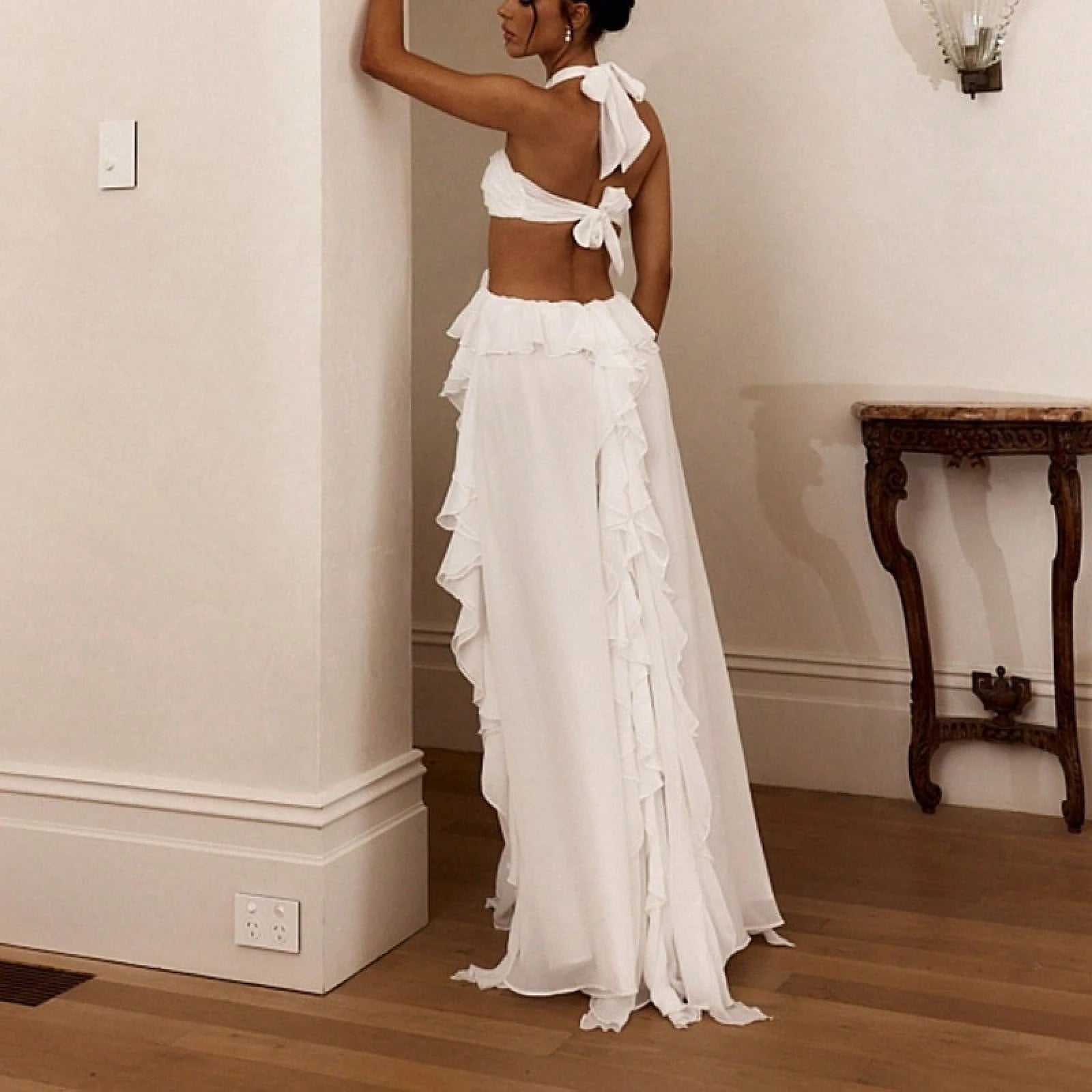 Summer Dresses For WomenSolid White Halter Neck Rose Detail Cut Out Waist Tiered Ruffle Flowy Chiffon Maxi Dress Elegant Party Beach Dresses For Wome