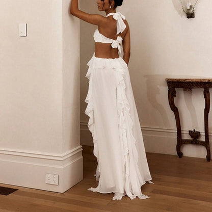 Summer Dresses For WomenSolid White Halter Neck Rose Detail Cut Out Waist Tiered Ruffle Flowy Chiffon Maxi Dress Elegant Party Beach Dresses For Wome