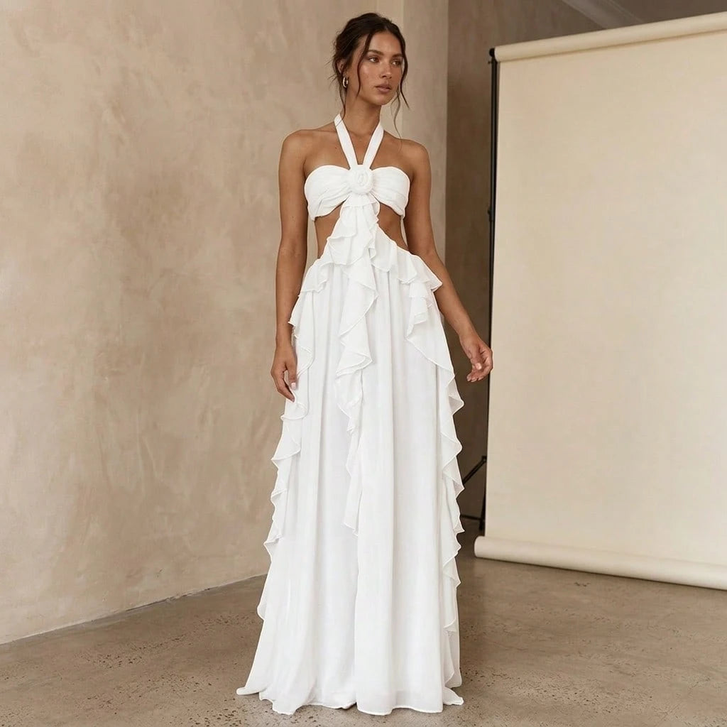Summer Dresses For WomenSolid White Halter Neck Rose Detail Cut Out Waist Tiered Ruffle Flowy Chiffon Maxi Dress Elegant Party Beach Dresses For Wome
