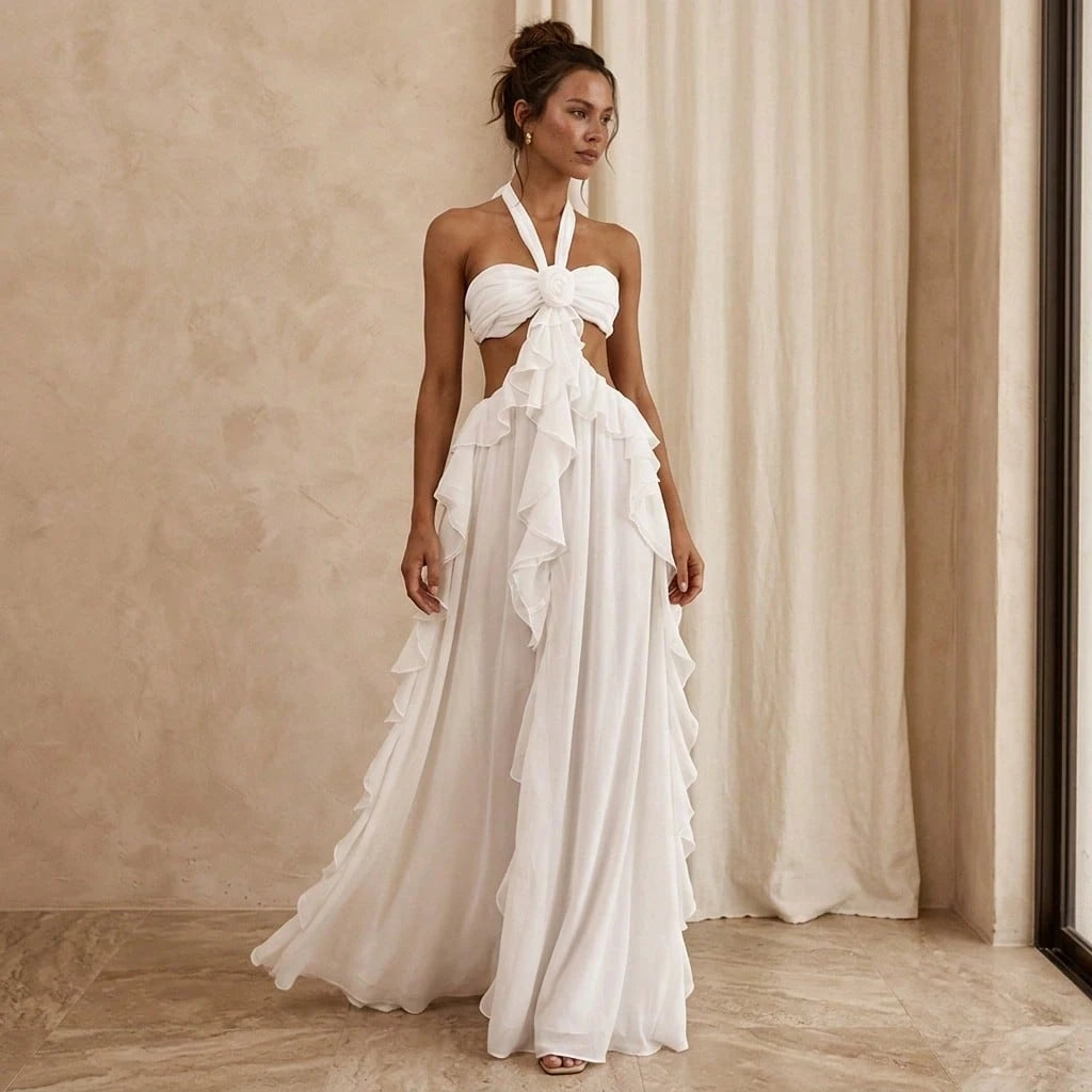 Summer Dresses For WomenSolid White Halter Neck Rose Detail Cut Out Waist Tiered Ruffle Flowy Chiffon Maxi Dress Elegant Party Beach Dresses For Wome