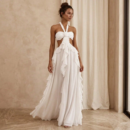 Summer Dresses For WomenSolid White Halter Neck Rose Detail Cut Out Waist Tiered Ruffle Flowy Chiffon Maxi Dress Elegant Party Beach Dresses For Wome