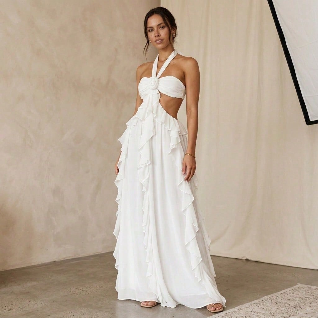 Summer Dresses For WomenSolid White Halter Neck Rose Detail Cut Out Waist Tiered Ruffle Flowy Chiffon Maxi Dress Elegant Party Beach Dresses For Wome
