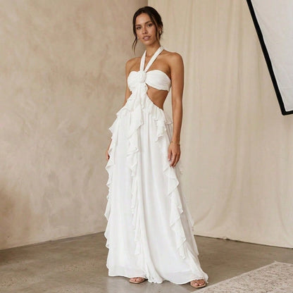 Summer Dresses For WomenSolid White Halter Neck Rose Detail Cut Out Waist Tiered Ruffle Flowy Chiffon Maxi Dress Elegant Party Beach Dresses For Wome