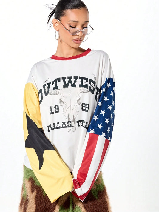 SUMWON WOMEN Outwest Dallas Texas Longhorn Crop Long Sleeve Graphic Western Americana T-Shirt