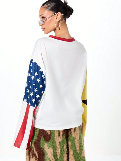 SUMWON WOMEN Outwest Dallas Texas Longhorn Crop Long Sleeve Graphic Western Americana T-Shirt