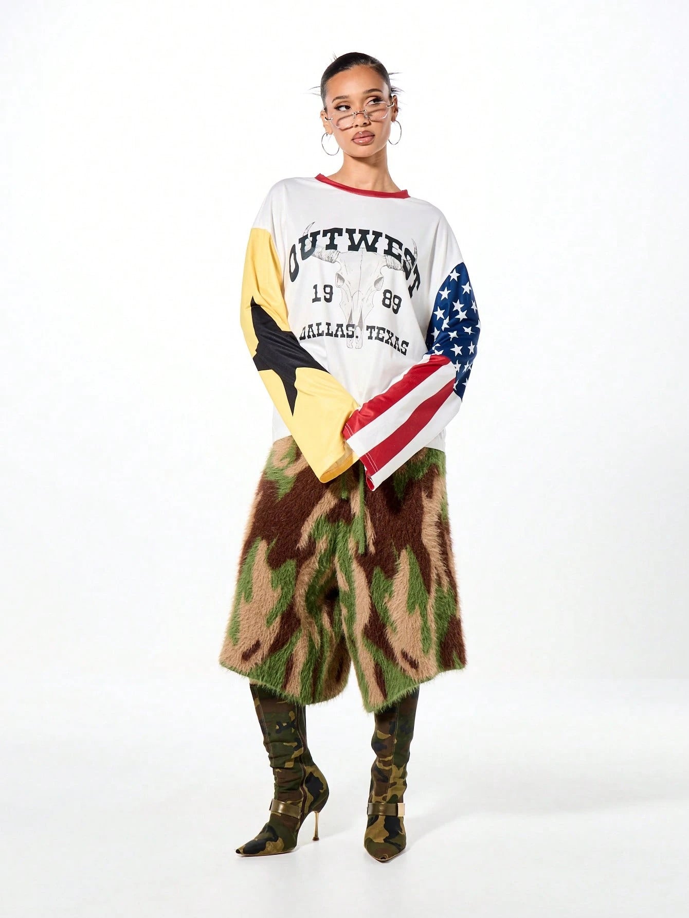 SUMWON WOMEN Outwest Dallas Texas Longhorn Crop Long Sleeve Graphic Western Americana T-Shirt