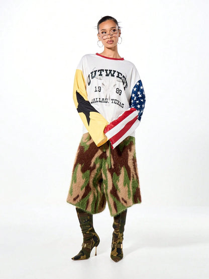 SUMWON WOMEN Outwest Dallas Texas Longhorn Crop Long Sleeve Graphic Western Americana T-Shirt