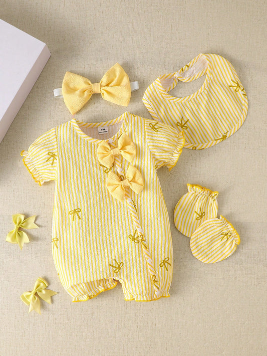 Sweet Pastel Yellow Bow Baby Romper Set, Bubble Textured Fabric Vertical Stripe Print Embroidered Newborn Short Sleeve Bodysuit, 4pcs