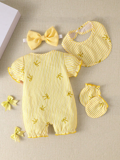 Sweet Pastel Yellow Bow Baby Romper Set, Bubble Textured Fabric Vertical Stripe Print Embroidered Newborn Short Sleeve Bodysuit, 4pcs