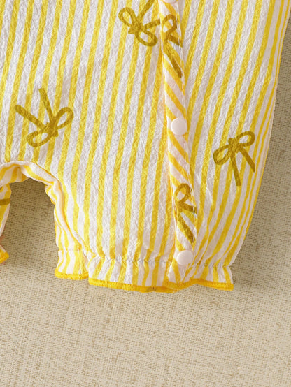 Sweet Pastel Yellow Bow Baby Romper Set, Bubble Textured Fabric Vertical Stripe Print Embroidered Newborn Short Sleeve Bodysuit, 4pcs