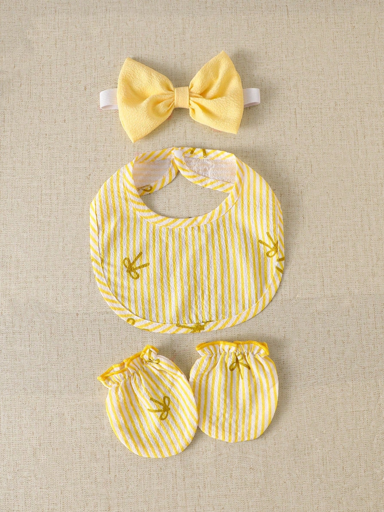 Sweet Pastel Yellow Bow Baby Romper Set, Bubble Textured Fabric Vertical Stripe Print Embroidered Newborn Short Sleeve Bodysuit, 4pcs