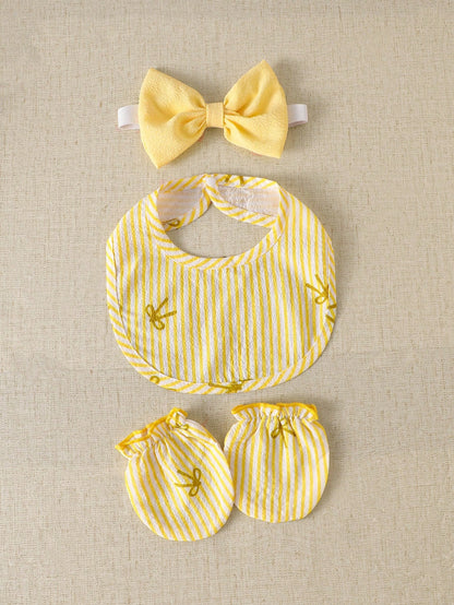 Sweet Pastel Yellow Bow Baby Romper Set, Bubble Textured Fabric Vertical Stripe Print Embroidered Newborn Short Sleeve Bodysuit, 4pcs