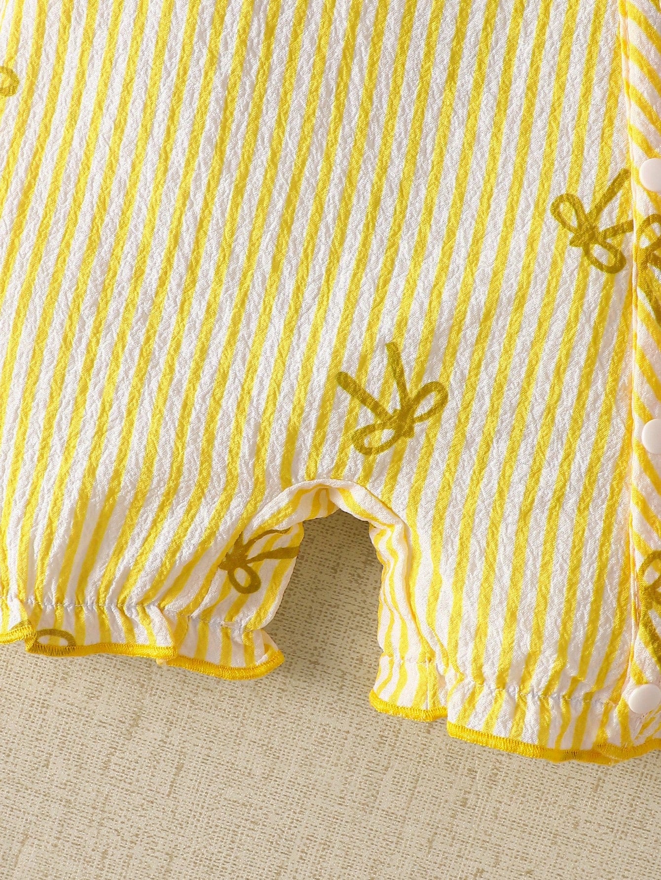 Sweet Pastel Yellow Bow Baby Romper Set, Bubble Textured Fabric Vertical Stripe Print Embroidered Newborn Short Sleeve Bodysuit, 4pcs