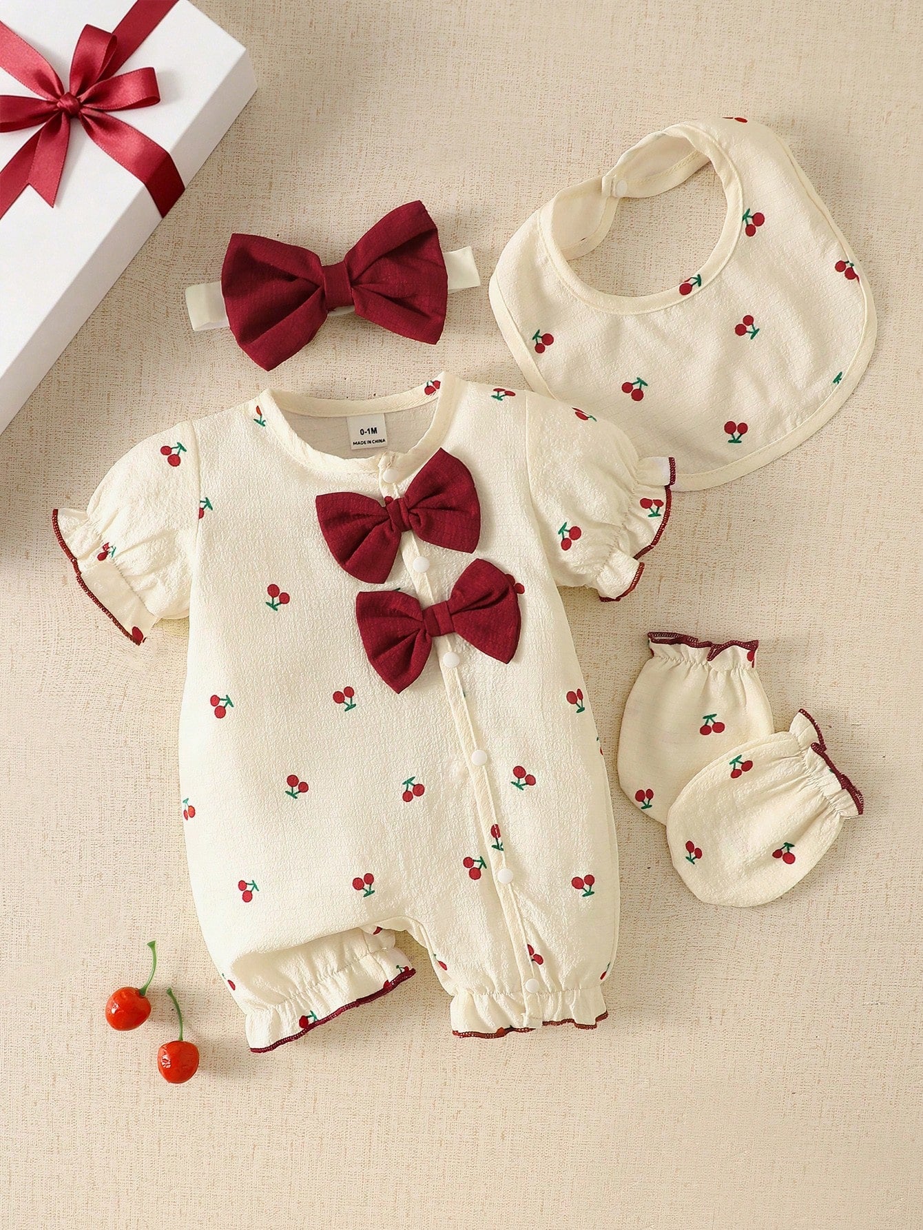 Sweet Pastel Yellow Bow Baby Romper Set, Bubble Textured Fabric Vertical Stripe Print Embroidered Newborn Short Sleeve Bodysuit, 4pcs