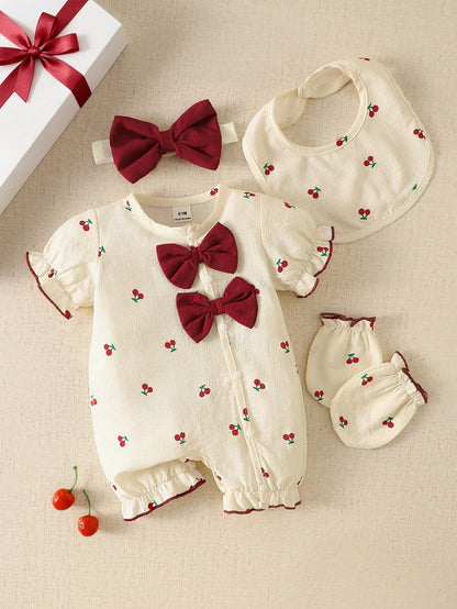 Sweet Pastel Yellow Bow Baby Romper Set, Bubble Textured Fabric Vertical Stripe Print Embroidered Newborn Short Sleeve Bodysuit, 4pcs