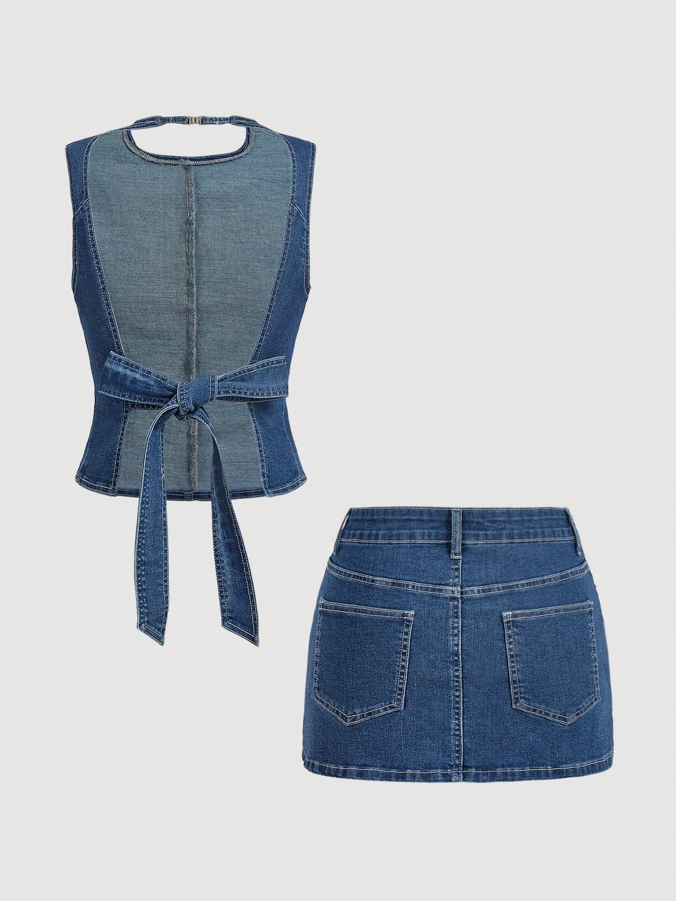 Sweetra Fashionable Casual Women Elegant Sleeveless Top Paired With Denim Skirt Suit