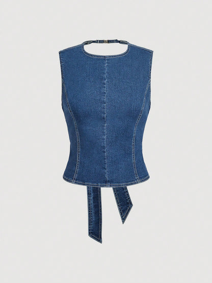 Sweetra Fashionable Casual Women Elegant Sleeveless Top Paired With Denim Skirt Suit