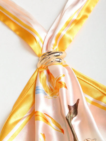 Sweetra Spring/Summer Fashion New French Retro Satin Printed Spaghetti Strap Sleeveless Metal Buckle Decor Asymmetric Hem Backless Tie-Up Women Yellow Blouse