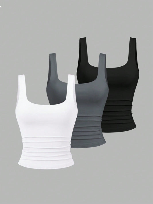 Sweetra Women Casual Pleated Scoop Neck Tank Top, Summer