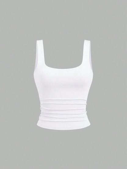 Sweetra Women Casual Pleated Scoop Neck Tank Top, Summer