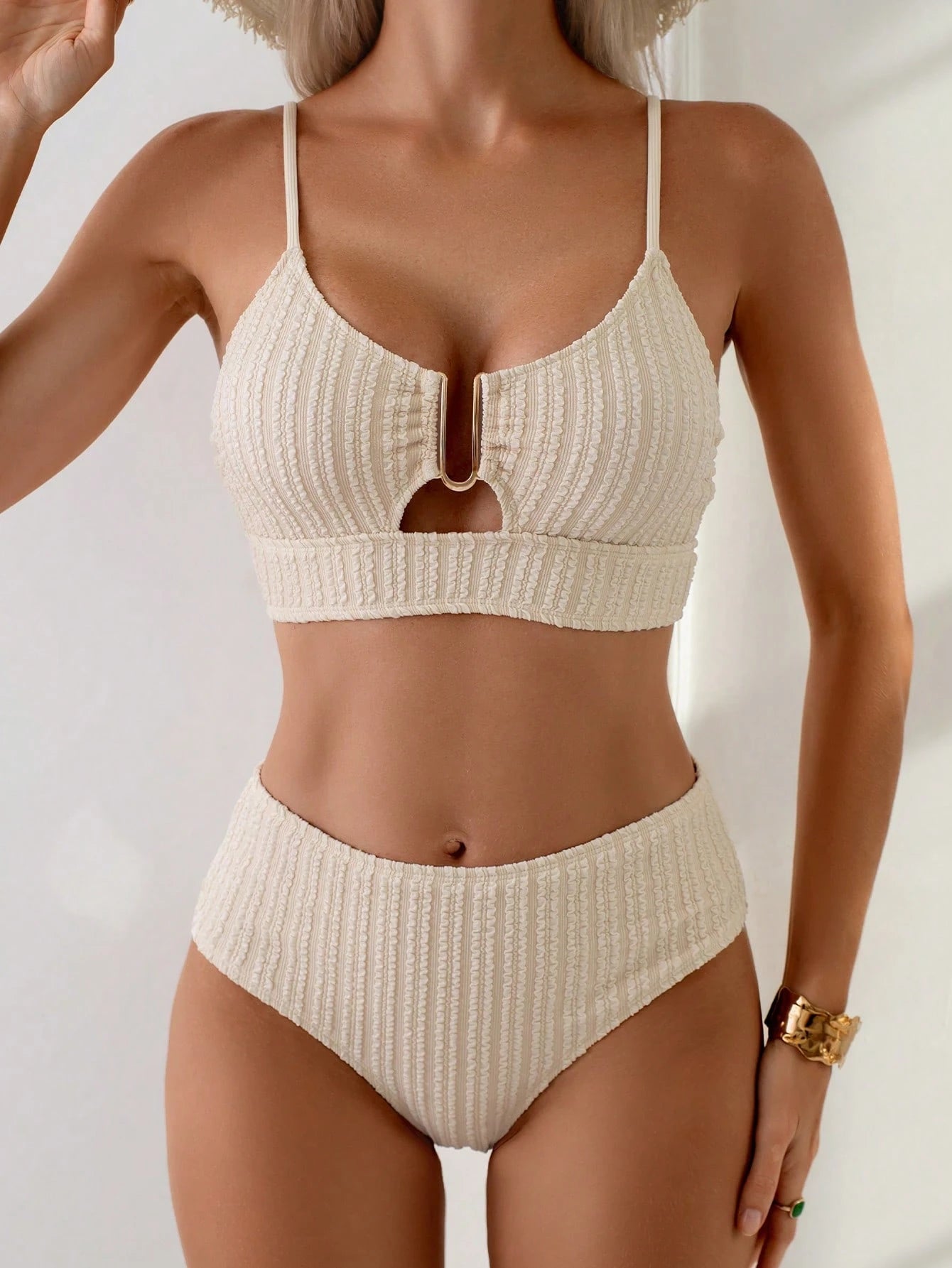 Swim Lushoire 2pcs Women's Summer U-Neck Hollow Out Decorated Tankini Swimwear Set