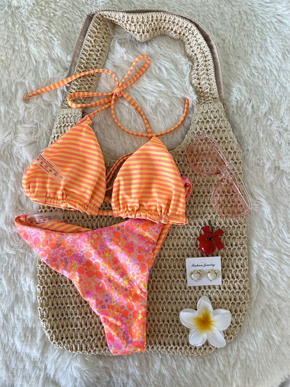 Swim Mod 2pcs/Set Women Cute Random Floral Print Reversible Halter Top And Adorable Bottoms Bikini Swimsuit Set, Holiday & Beach For Summer Beach Vacation