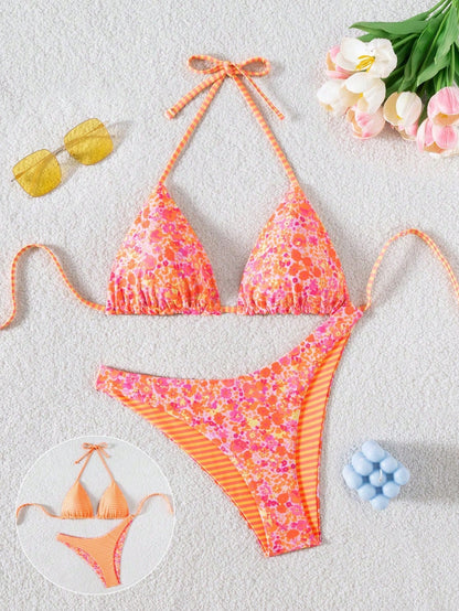 Swim Mod 2pcs/Set Women Cute Random Floral Print Reversible Halter Top And Adorable Bottoms Bikini Swimsuit Set, Holiday & Beach For Summer Beach Vacation
