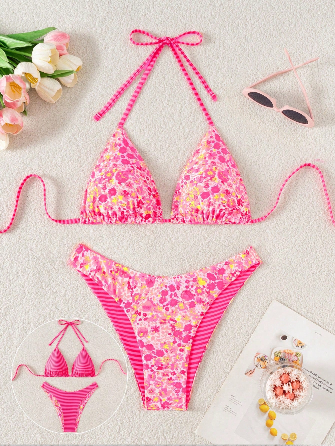 Swim Mod 2pcs/Set Women Cute Random Floral Print Reversible Halter Top And Adorable Bottoms Bikini Swimsuit Set, Holiday & Beach For Summer Beach Vacation