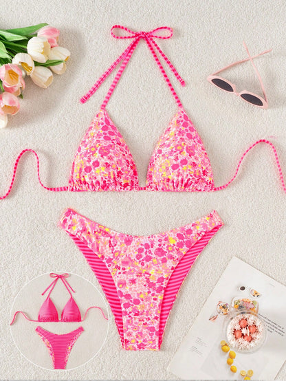 Swim Mod 2pcs/Set Women Cute Random Floral Print Reversible Halter Top And Adorable Bottoms Bikini Swimsuit Set, Holiday & Beach For Summer Beach Vacation