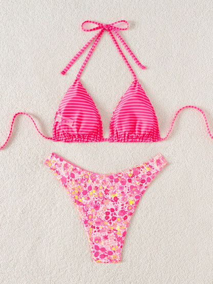 Swim Mod 2pcs/Set Women Cute Random Floral Print Reversible Halter Top And Adorable Bottoms Bikini Swimsuit Set, Holiday & Beach For Summer Beach Vacation