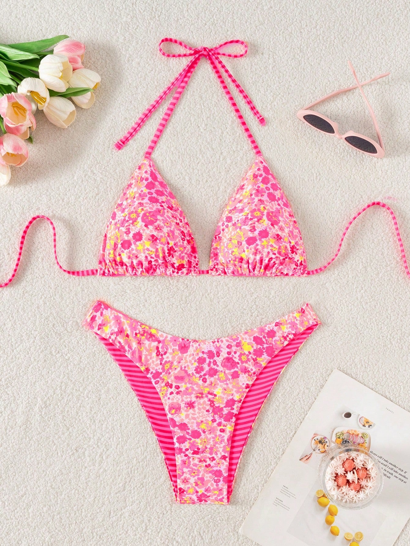 Swim Mod 2pcs/Set Women Cute Random Floral Print Reversible Halter Top And Adorable Bottoms Bikini Swimsuit Set, Holiday & Beach For Summer Beach Vacation