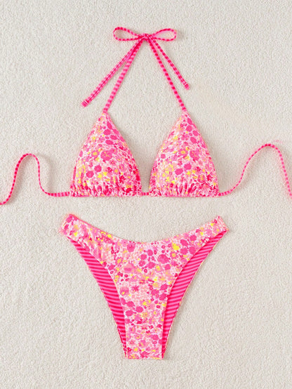 Swim Mod 2pcs/Set Women Cute Random Floral Print Reversible Halter Top And Adorable Bottoms Bikini Swimsuit Set, Holiday & Beach For Summer Beach Vacation