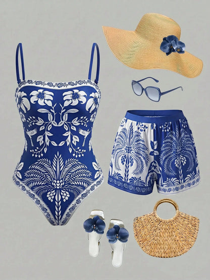 Swim Oasis Women's Floral Print One-Piece Swimsuit And Shorts, Suitable For Beach Vacation, Pool Party, Beach Party