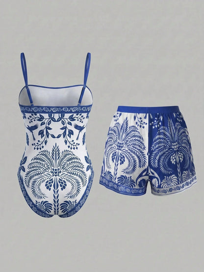Swim Oasis Women's Floral Print One-Piece Swimsuit And Shorts, Suitable For Beach Vacation, Pool Party, Beach Party