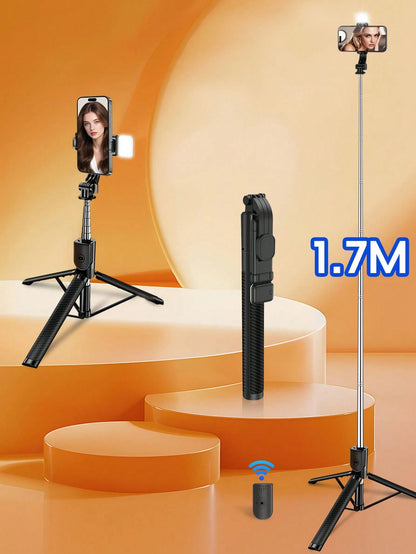 This Latest Model 170cm/69in Bluetooth Remote Control Selfie Stick With Phone Holder And LED Fill Light Is Made Of Alloy Material. It Is Suitable For Video Shooting, Life Recording And Travel. It Is A