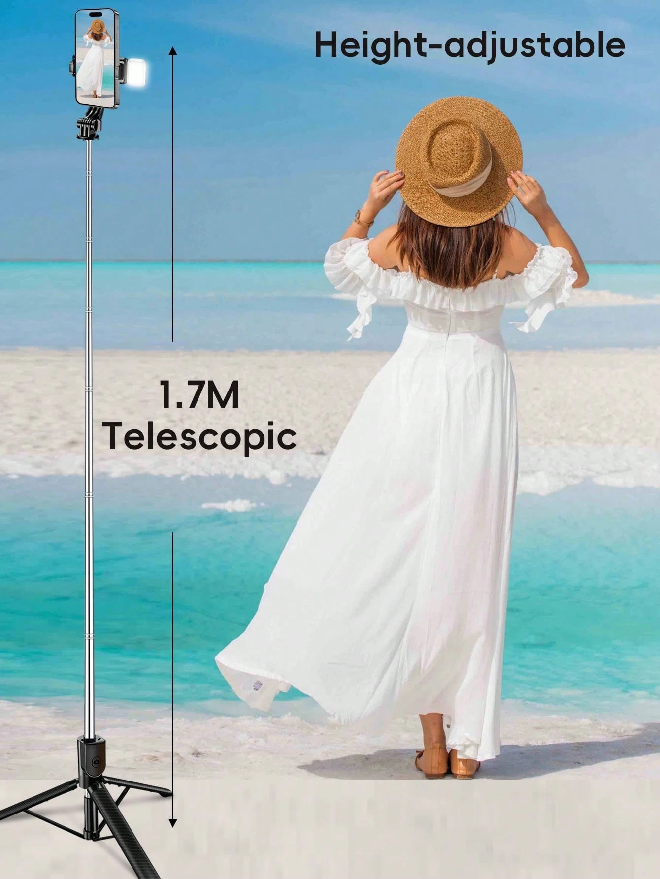 This Latest Model 170cm/69in Bluetooth Remote Control Selfie Stick With Phone Holder And LED Fill Light Is Made Of Alloy Material. It Is Suitable For Video Shooting, Life Recording And Travel. It Is A