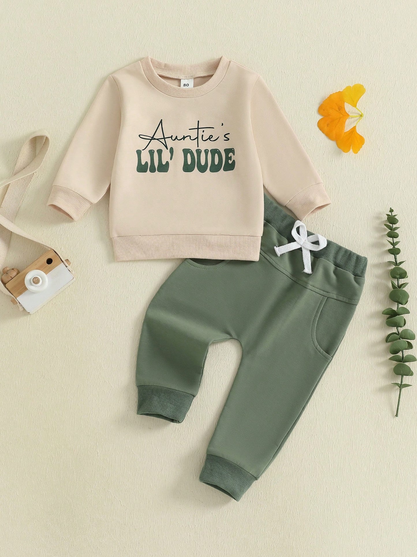 Toddler Baby Boy Clothes Auntie's Lil' Dude Print Long Sleeve Sweatshirt Pullover Top Solid Pants Set Fall Winter Outfit 2Pcs