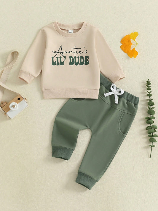 Toddler Baby Boy Clothes Auntie's Lil' Dude Print Long Sleeve Sweatshirt Pullover Top Solid Pants Set Fall Winter Outfit 2Pcs