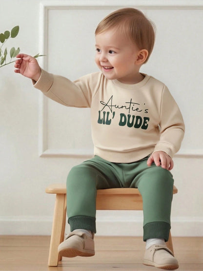 Toddler Baby Boy Clothes Auntie's Lil' Dude Print Long Sleeve Sweatshirt Pullover Top Solid Pants Set Fall Winter Outfit 2Pcs