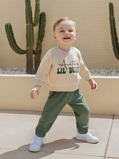 Toddler Baby Boy Clothes Auntie's Lil' Dude Print Long Sleeve Sweatshirt Pullover Top Solid Pants Set Fall Winter Outfit 2Pcs