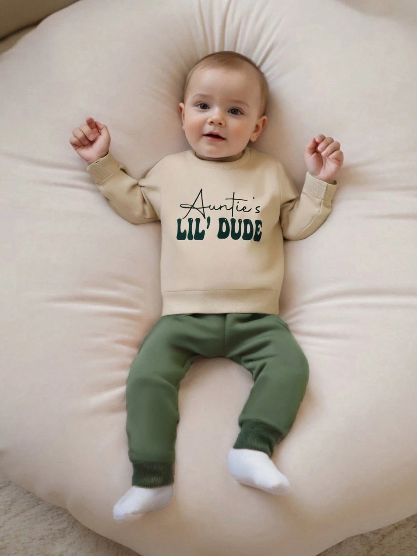 Toddler Baby Boy Clothes Auntie's Lil' Dude Print Long Sleeve Sweatshirt Pullover Top Solid Pants Set Fall Winter Outfit 2Pcs