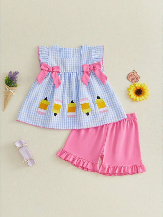 Toddler Girl Back To School Outfit Baby Kids Pencil Plaid T-Shirt Shorts Set Kindergarten Pre-K Outfits