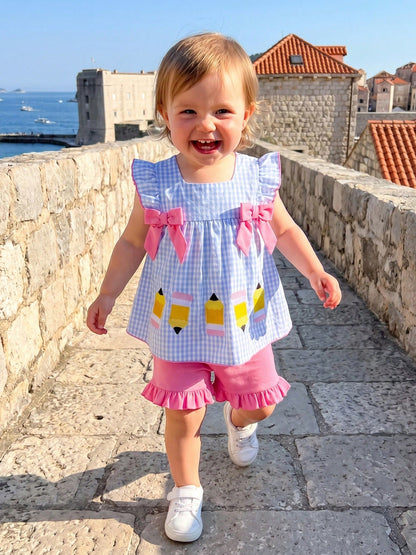 Toddler Girl Back To School Outfit Baby Kids Pencil Plaid T-Shirt Shorts Set Kindergarten Pre-K Outfits
