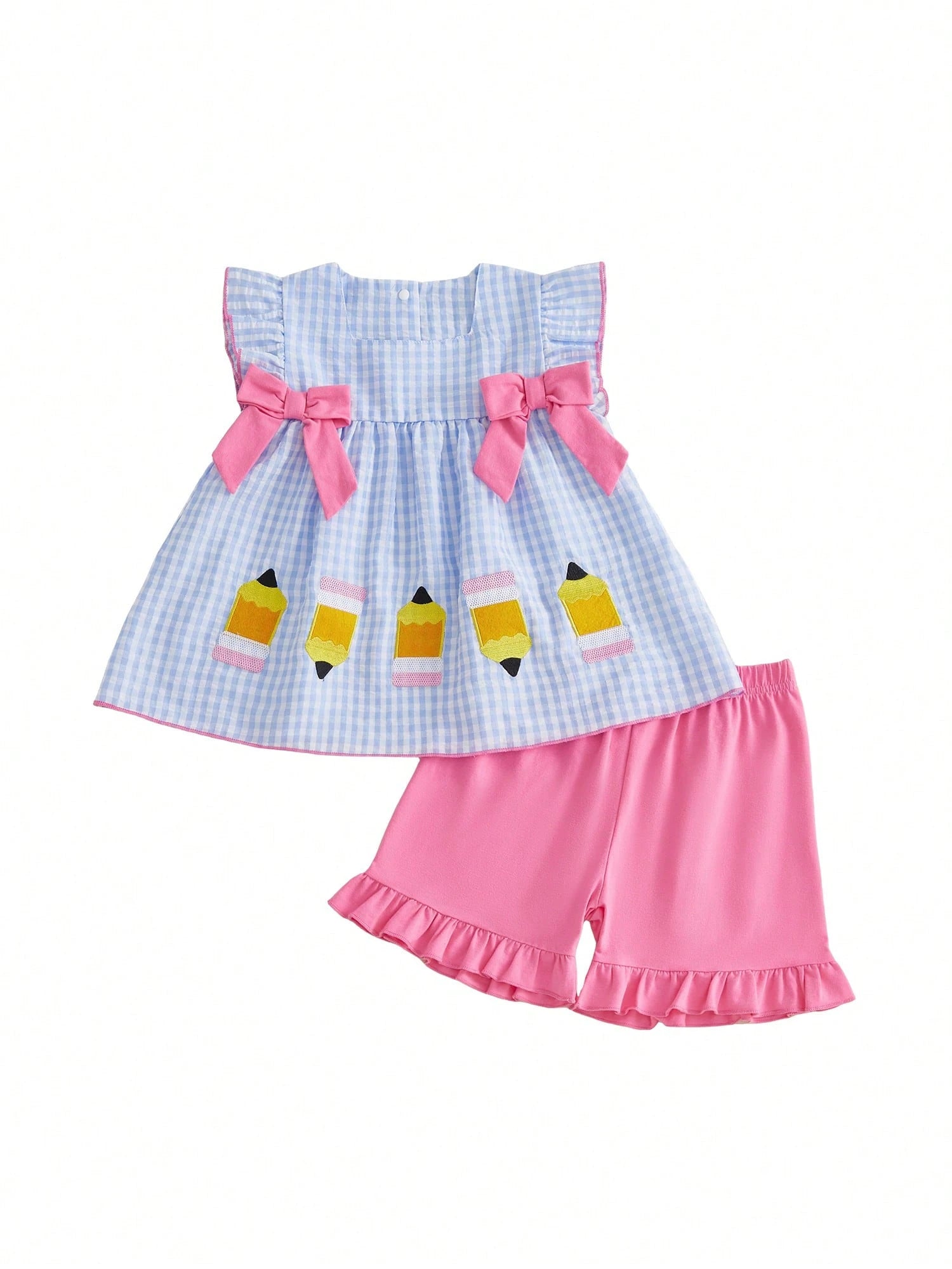 Toddler Girl Back To School Outfit Baby Kids Pencil Plaid T-Shirt Shorts Set Kindergarten Pre-K Outfits