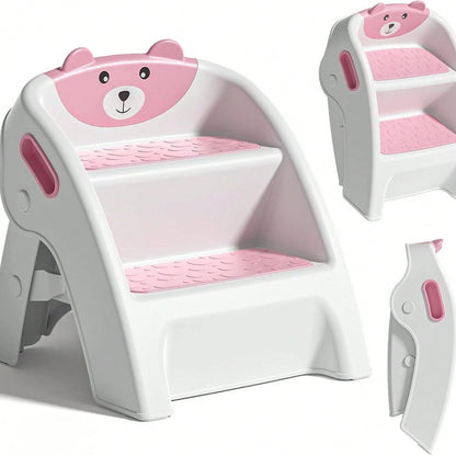 Toddler Step Stool, Foldable 2-Step Kids Stool With Non-Slip Design And Handle, Multipurpose Step Stool For Bathroom Sink, Kitchen, Bedroom, Counter