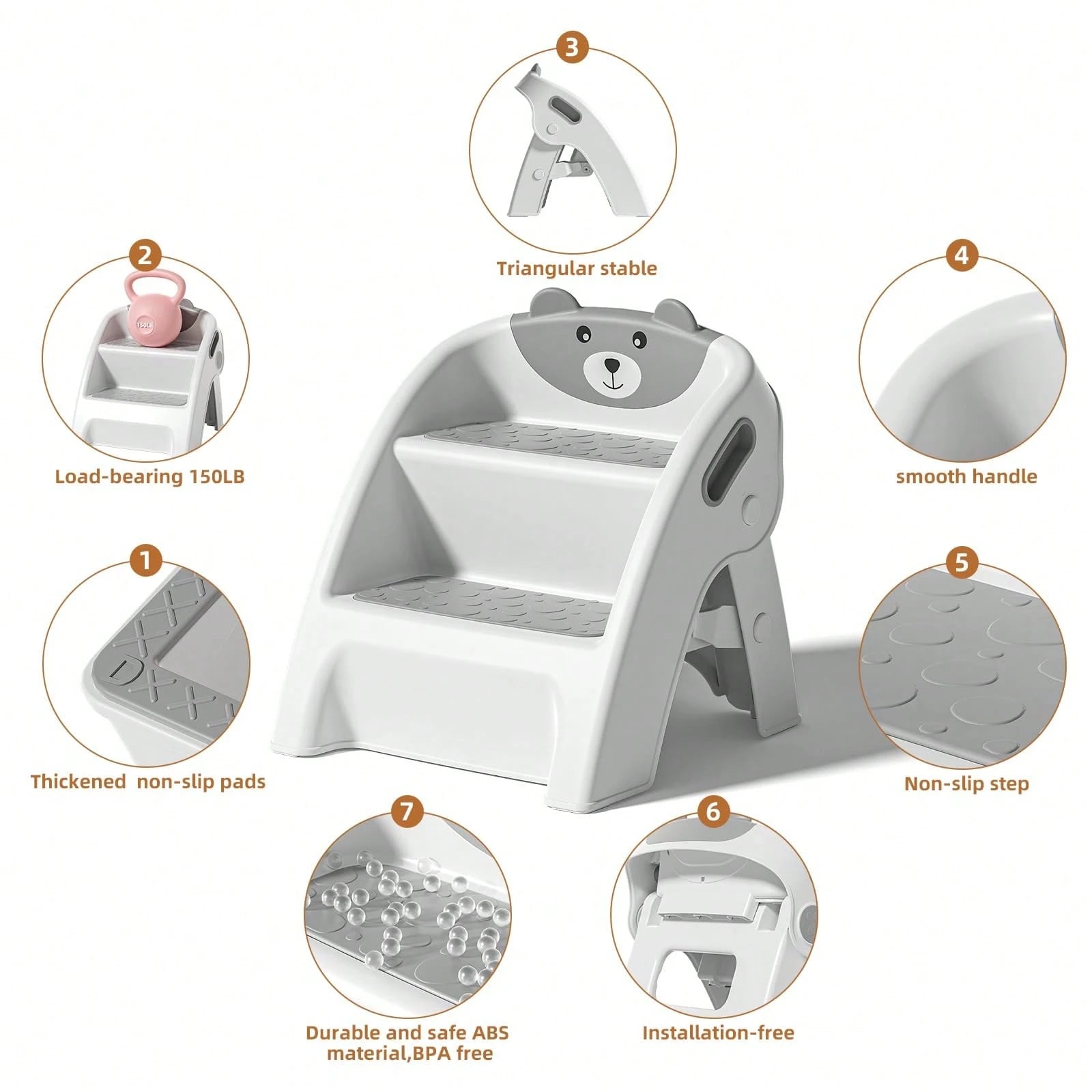 Toddler Step Stool, Foldable 2-Step Kids Stool With Non-Slip Design And Handle, Multipurpose Step Stool For Bathroom Sink, Kitchen, Bedroom, Counter