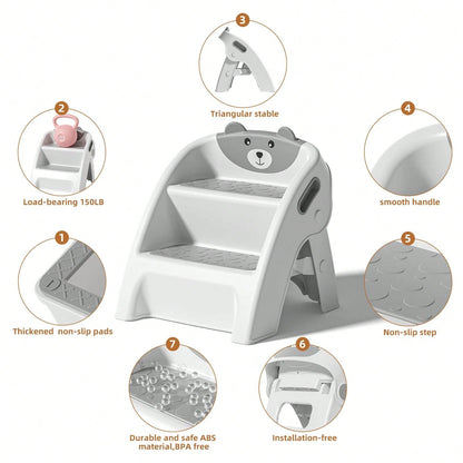 Toddler Step Stool, Foldable 2-Step Kids Stool With Non-Slip Design And Handle, Multipurpose Step Stool For Bathroom Sink, Kitchen, Bedroom, Counter
