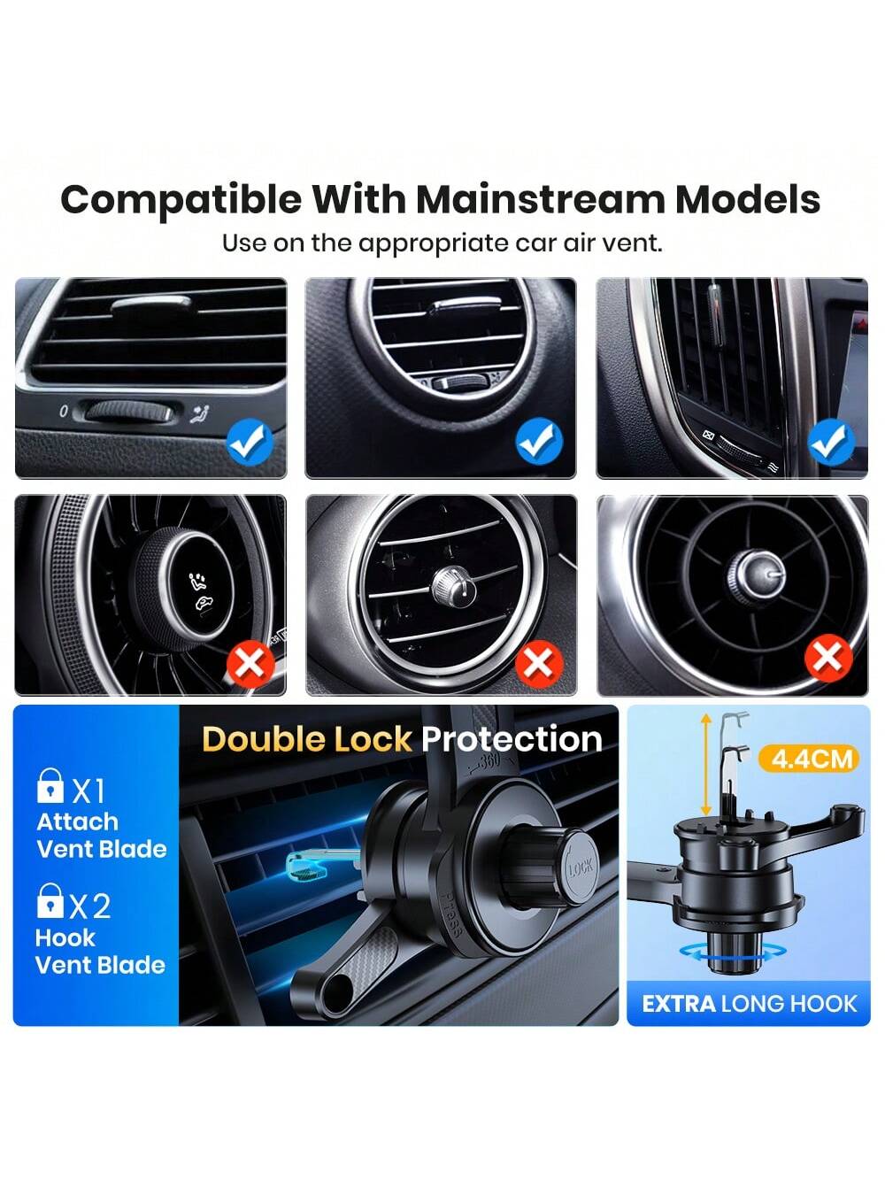 TOPK Car Phone Holder Mount, [Upgrade Auto Locking] Universal Phone Holder With Hook Clip For Car Air Vent Compatible With IPhone Android And Other Mobile Phones